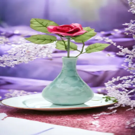 Ceramic Burgundy Rose Flower in Crystallized Green Vase, Valentines Day, Wedding Décor or Gift, Wedding Favor, Anniversary Décor or Gift {1}