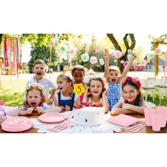 Exquisite 350 Pcs Plastic Plates for Party &ndash; Disposable Plates Set &ndash; 50 Each of 9" Dinner Plates, 7" Dessert Plates, Plastic Cups, Napkins & Plastic Cutlery &ndash; Plastic Dinnerware by Party Solids Pink {6}