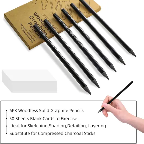 Woodless Graphite Drawing Pencils Set,6 Black Lead Pre-Sharpened 2H HB, 2B, 4B, 6B 8B Degrees Coloring Pencils, 50PK Blank Watercolor Card for Sketching,Writing,Shading {4}
