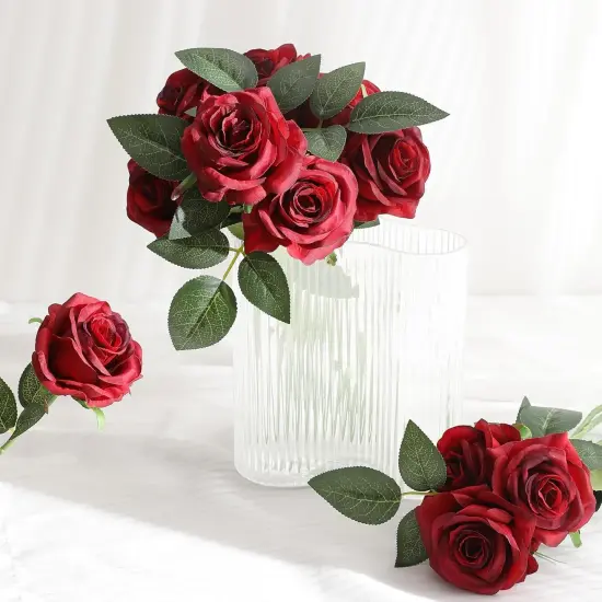 Realistic Fake Flowers Bulk Long Stem Silk Faux Roses Bouquet for Wedding {5}