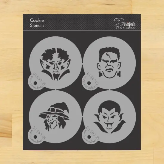 Halloween Cookie Monster Faces Cookie Stencils: Frankenstein, Witch, Dracula, Werewolf | C451 by Designer Stencils | {1}