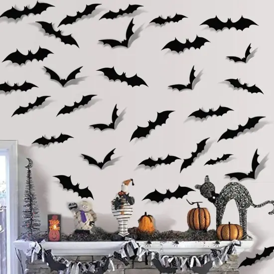 60PCS Halloween 3D Bats Decoration Halloween Large Bats Wall Decor 4 Different Sizes {4}