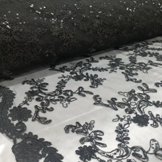 1 Yard Elegant Black Floral Embroidery Lace Mesh Fabric for Wedding Dresses 50 Inch Width {3}