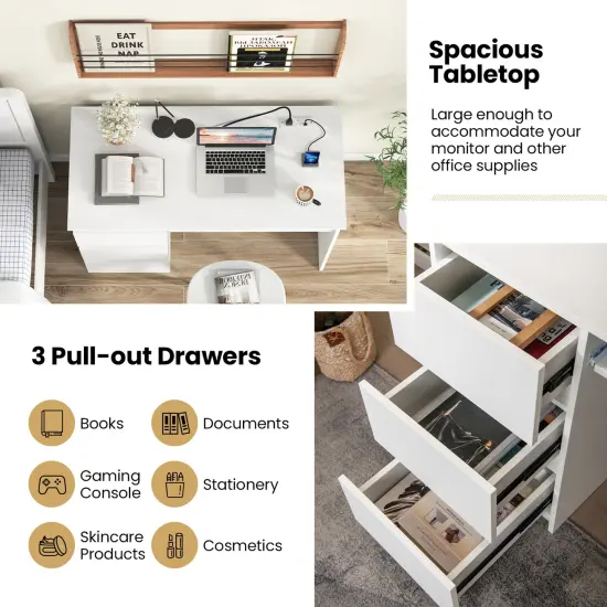 Costway Computer Desk with Power Outlet Keyboard Tray & 3 Large Drawers Type-C & USB Ports White/Natural {6}
