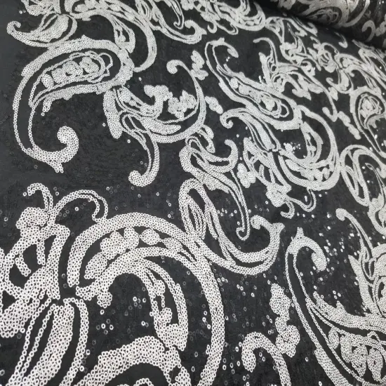 1 Yard Turquoise/Black Elegant Paisley Bridal Lace Fabric With Sequins Embroidery 54 Inch Width {1}