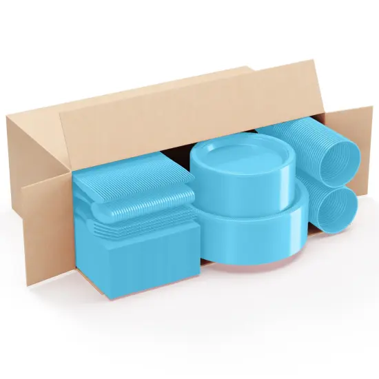 Exquisite 350 Pcs Plastic Plates for Party &ndash; Disposable Plates Set &ndash; 50 Each of 9" Dinner Plates, 7" Dessert Plates, Plastic Cups, Napkins & Plastic Cutlery &ndash; Plastic Dinnerware by Party Solids Light Blue {3}