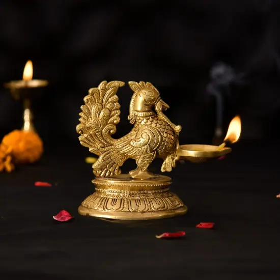 Brass Peacock Diya Annam Deepak Idol Oil Lamp Deepam with Base for Home Temple Mandir Office Diwali Decoration Kathu Vilakku Puja Diya - Deepawali Housewarming Return Gift {2}