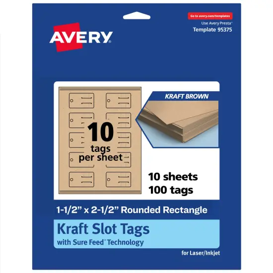 Avery Printable Rounded Rectangle Slot Tags, Sure Feed Technology, 1-1/2" x 2-1/2", Matte Kraft Brown Cardstock, Print-to-The-Edge, Laser/Inkjet Printable, 100 Total {7}