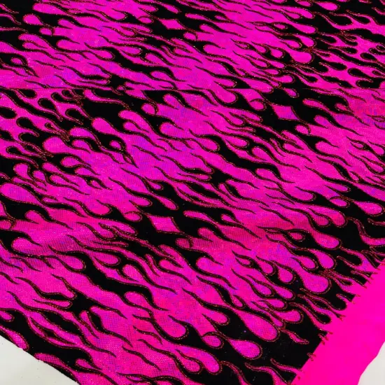 1 Yard Hot Rod Tricot Holographic Spandex Fabric Black Flocking Flames Red Glitter 4 Way Stretch 58-60 inches width {4}