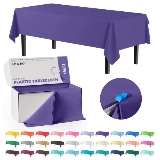 Party Solids 54" x 300' Plastic Table Cover Roll with Slide Cutter &ndash; Cut-to-Size Dispenser Box &ndash; Makes Up to 36 Disposable 8' Rectangle Tablecloths by Exquisite Purple {1}