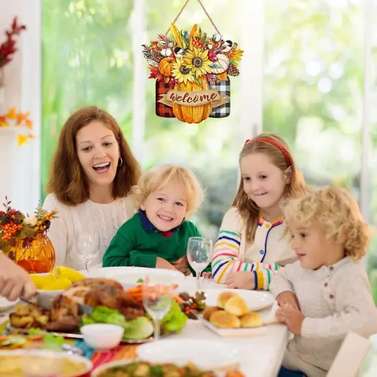 Fall Floral Welcome Sign Thanksgiving Wooden Hanging Door Sign(Gold, Red, and White) {5}