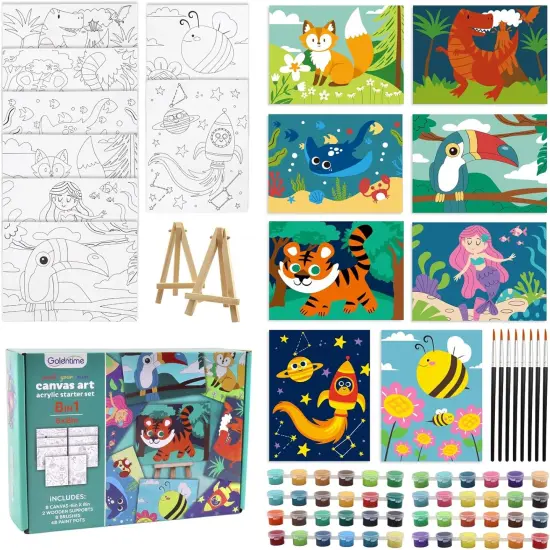8 Packs Predrawn Canvas for Painting Kids Paint Canvas for Kids, 48 Paints, 8 Brushes 2 Easels, 8 6x8 Printed Canvas {1}