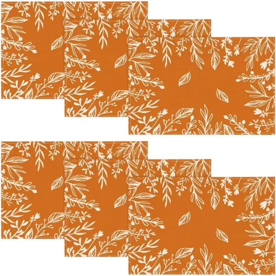Set of 6 Eucalyptus Leaves Fall Placemats - 12x18 Inch (Orange/White) {1}