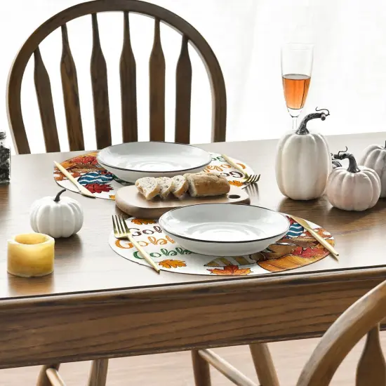 Set of 4 Gobble Turkey Maple Leaves Thanksgiving Placemats - 15 Inch (Brown/Beige) {4}