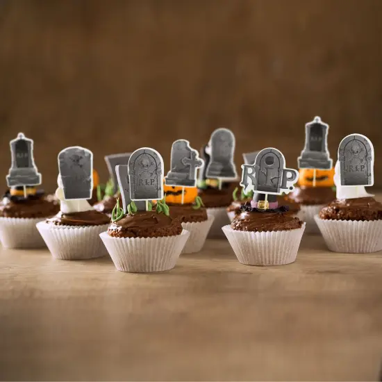36 Pieces Halloween Cupcake Toppers 6 Designs Tombstone Graveyard Cake Toppers Scary Cupcake Decoration Table Centerpiece Sticks Appetizer Picks for Halloween Party Supplies {5}