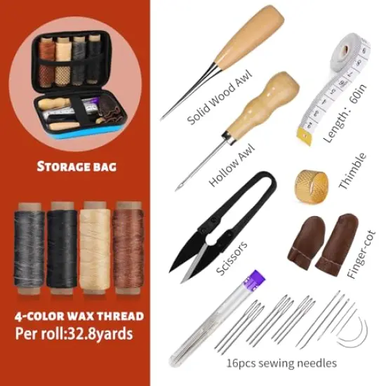 MORFEN Leather Sewing Kit, Leather Stitching Kit, Leather Working Kit with Leather Needles, Sewing Awl, Waxed Thread, Leather Upholstery Repair Kit, Sewing Tools for hand stitching DIY Leather Craft {6}