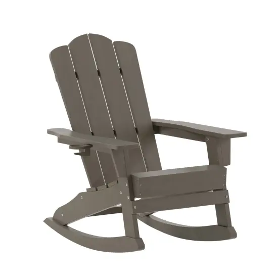 Emma and Oliver Tiverton Adirondack Rocking Chair with Cup Holder, Weather Resistant HDPE Adirondack Rocking Chair Brown {2}