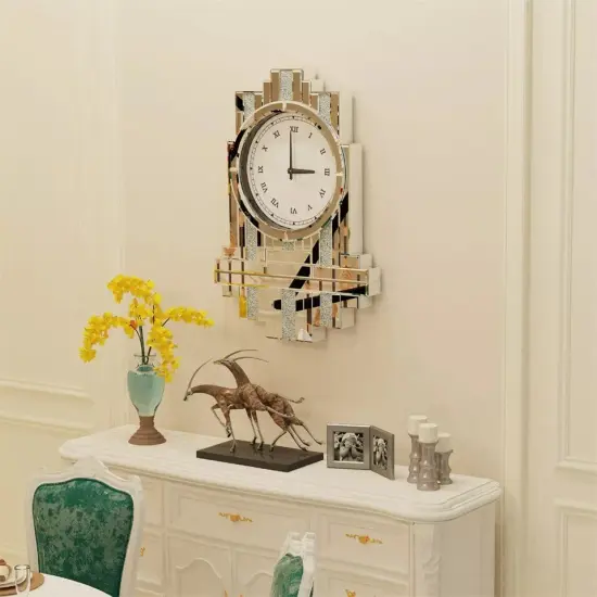 23.6'' Mirrored Wall Clock Modern Crystal Crush Diamond Silver Glass Home Decor {3}