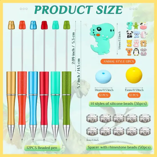 12 Pieces Beadable Pens Kit with Silicone Focal Beads, Animal Style, Black Ink, for DIY School Supplies Animal style {6}