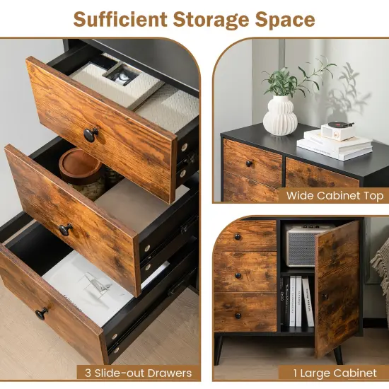Costway Mid-Century Rustic Storage Cabinet Multipurpose Wood Shelf Organizer with 3 Drawers {6}
