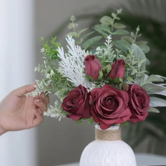 Silk Roses & Eucalyptus in Ceramic Vase Decor White {3}