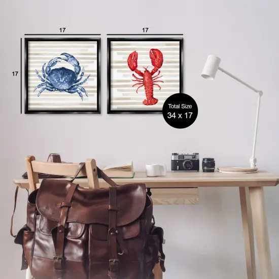 Stupell Industries Nautical Crab & Lobster Beige Stripes Framed Floater Canvas Wall Art Black Floater Frame {3}