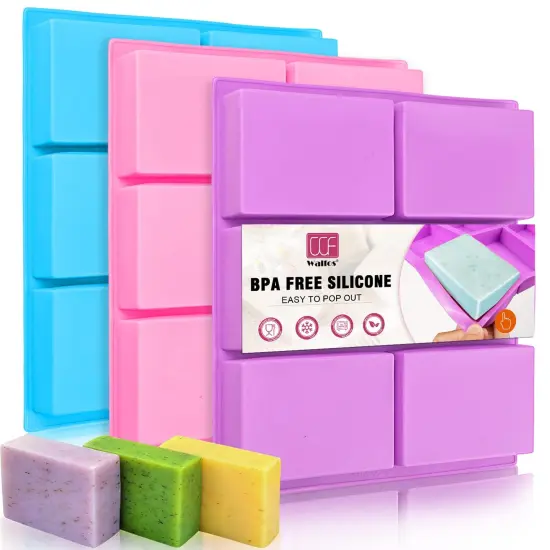 3 Pieces Silicone Soap Molds , 6 Cavities Rectangle Silicone Soap Molds for Homemade Craft Soap Mold, Cake Mold, Chocolate Mold ＆ Ice Cube Tray（Blue & Purple ＆ Pink） {2}