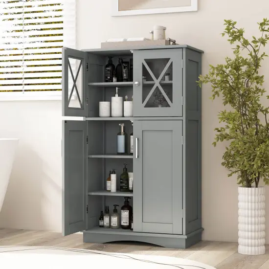 Costway Bathroom Storage Cabinet Linen Storage Cabinet with Doors and Adjustable Shelves Black/Grey/Brown/White {4}