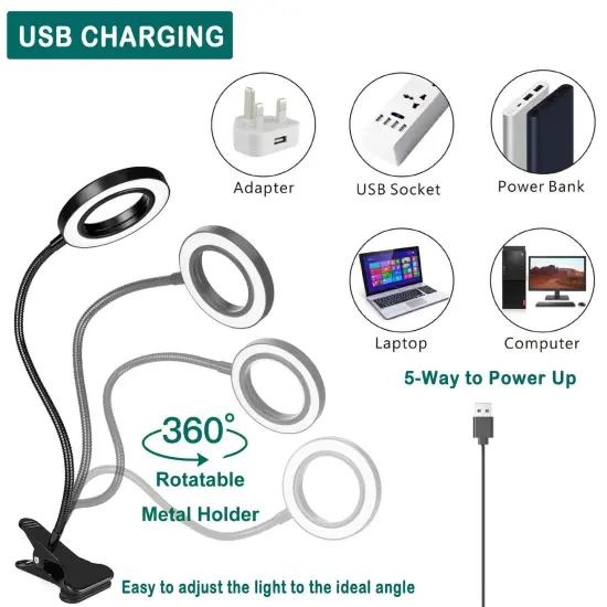 Foneso Desk Lamp Clip on Light, 48 LED USB Lamp with 3 Color Modes 10 Brightness Levels, 360° Flexible Gooseneck Eye Protection Bed Night Light for Reading, Makeup, Fill Light (Black) {3}