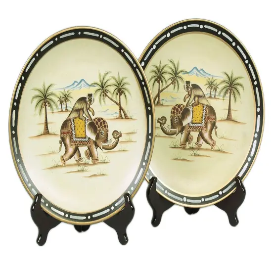 Pair of Elephant With Monkey Decorative Plates 10 Inch Diameter Multicolor {1}