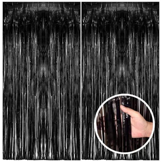 2 Pieces Black Party Streamers Backdrop Tinsel Foil Fringe Curtains Halloween Party Decorations Birthday Wednesday Twilight Party Decorations Graduation Wizard Party Supplies {2}