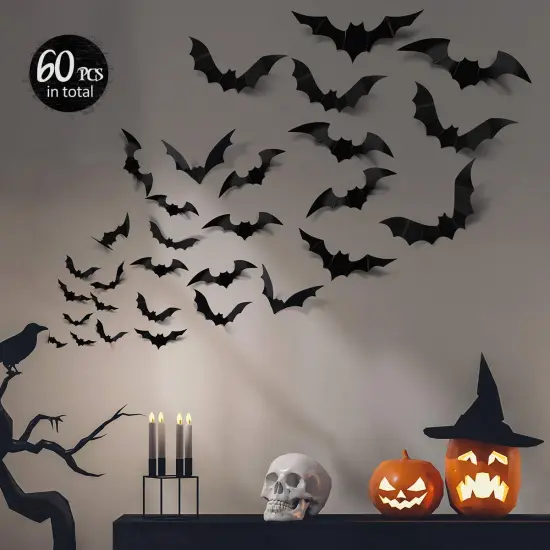 60 Pieces Halloween 3D Bats Decoration, 4 Sizes Realistic PVC Scary Bats Window Decal Wall Stickers for DIY Home Bathroom Indoor Hallowmas Decoration Party Supplies {1}