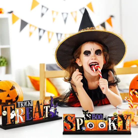 3 PCS Halloween Table Decorations Pumpkin Table Centerpiece Boo Spooky Wood Sign Trick or Treat Witch Hat Table Decor for Halloween Table Party Living Room Kitchen Office Bar Decorations {4}