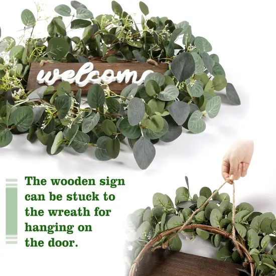 20-inch Green Eucalyptus Wreath with "Welcome" Sign &ndash; Front Door Decor {6}
