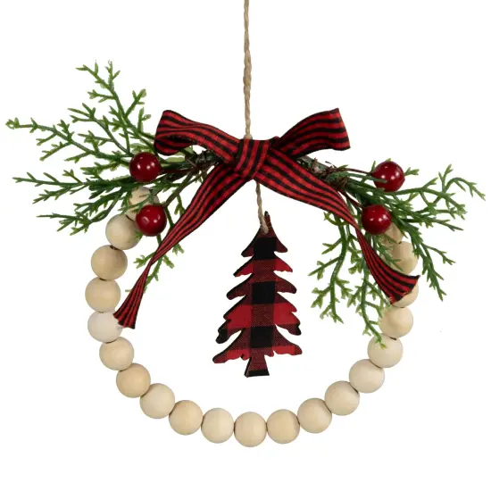 Northlight Buffalo Plaid Tree and Bow Wooden Beaded Christmas Wreath Ornament - 5.5" Ivory {3}