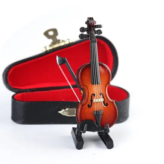 Wooden Miniature Violin with Stand,Bow and Case Mini Musical Instrument Miniature Dollhouse Model Home Decoration (3.15"x1.18"x0.59") {1}