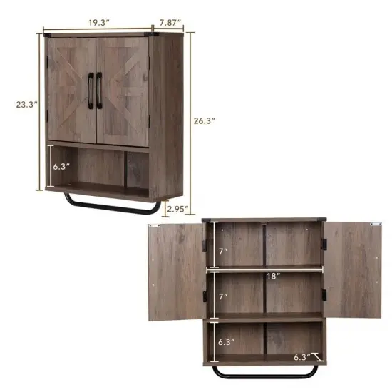 Modern Wooden Bathroom Wall Storage Cabinet with Doors and Towel Rack, Adjustable Shelves Taupe {2}
