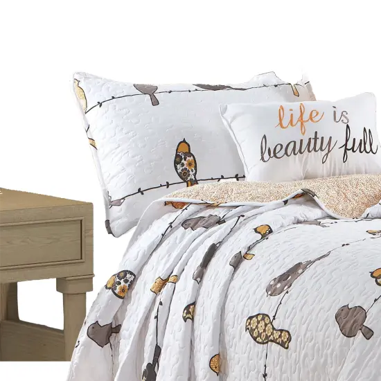 Polyester Birds on Wire Quilt Set with Reversible Design and Decorative Pillows {9}