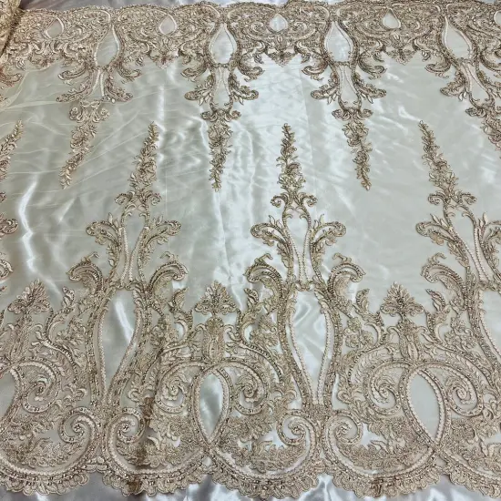 1 Yard Gold Metallic Beaded & Corded Bridal Lace Fabric, Embroidered 100% Polyester Net Mesh, 54" Wide Ivory {5}