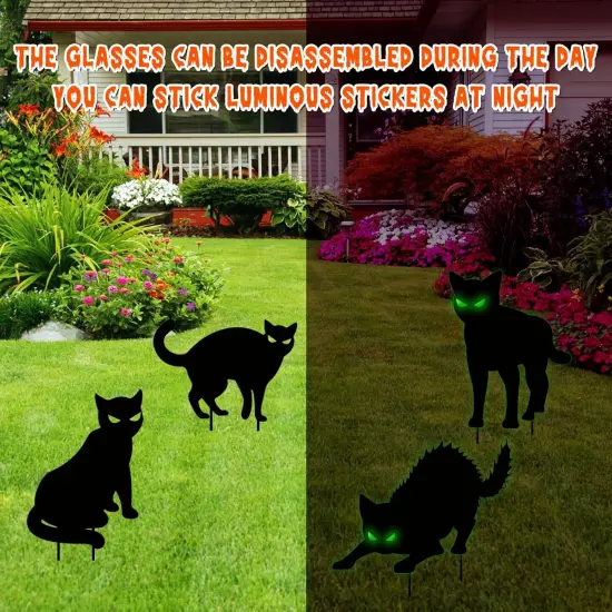 4Pcs Black Cat Yard Sign With Stakes Scary Cat Silhouette &Glow In Dark Eyes {5}