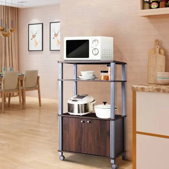 3 Tier Kitchen Storage Cart with Wheels Microwave Stand with Shelves and 2-Door Cabinet Brown {5}