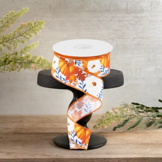 1.5" Pumpkin Foliage Ribbon: White/Navy (10 Yards) {2}