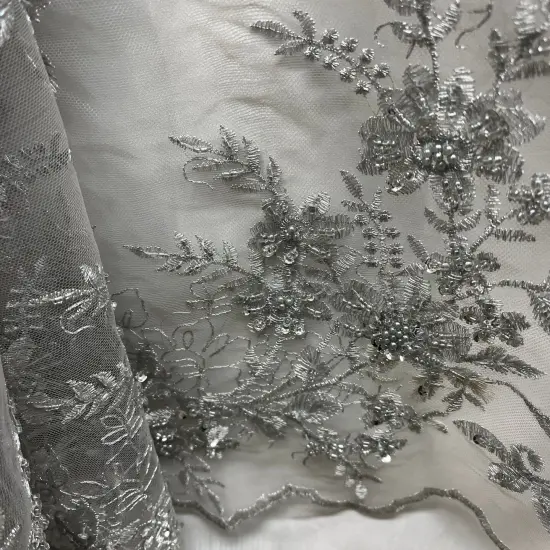 1 Yard Beaded Floral Lace Fabric Embroidered on 100% Polyester Net Mesh 51" Width Silver {5}