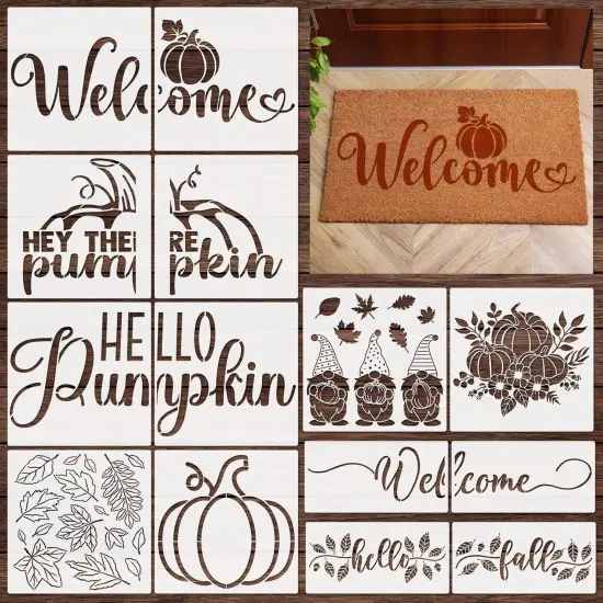 14 Pieces Fall Pumpkin Stencils for Doormat Painting Hello Pumpkin Welcome {1}
