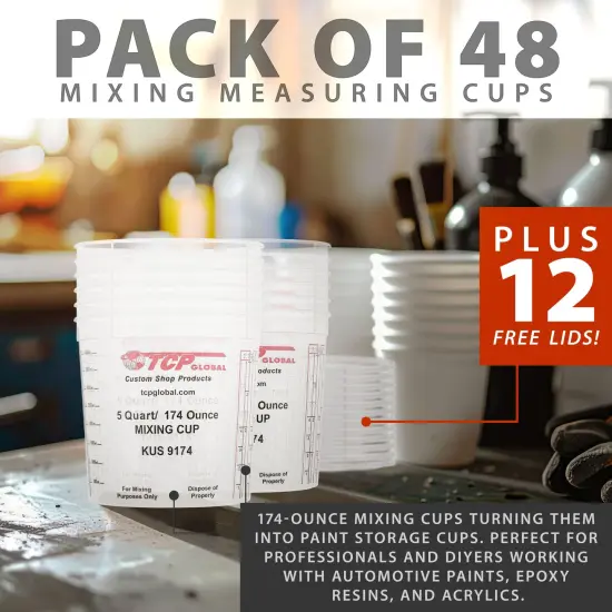 Paint Mixing Cups, 5-Quart (48 Pack) - Plastic Measuring Cups for Liquids, Automotive Painting, Epoxy Resin, Acrylic Arts, Crafts, Disposable or Reusable, Graduated, Mixing Ratios {5}