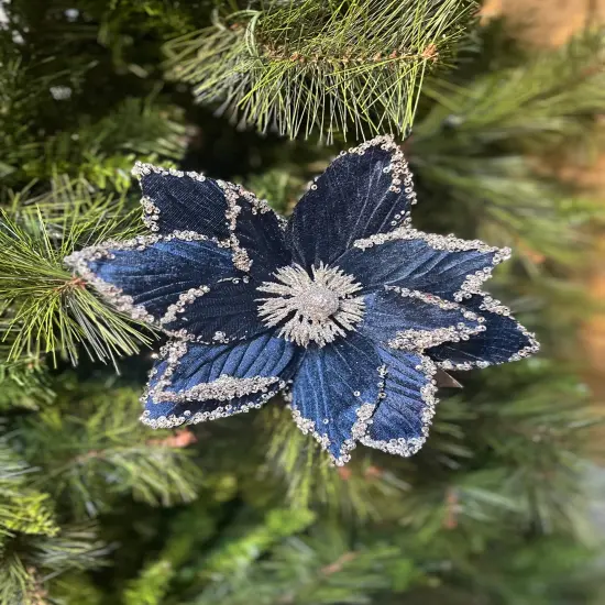 16"-Luxury Navy Velvet Magnolia Pick with Silver Glitter Trim {2}