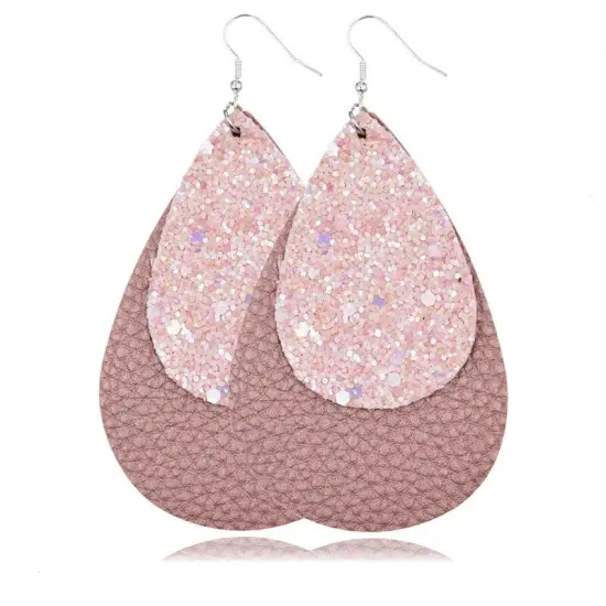 Two-Layer Teardrop Leather Earrings Women Boho Drop Dangle Hook Jewelry Pink 3 {1}