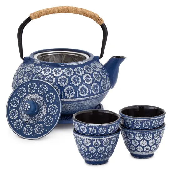 6 Piece Set Japanese Cast Iron Teapot with Infuser, 4 Teacups, and Trivet (32 oz, Blue) {1}