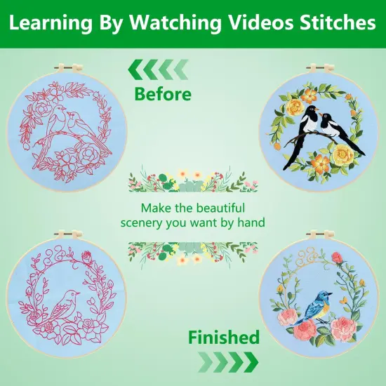 Embroidery Kit for Beginners Adults,Bird-Hummingbird Embroidery Kit Cross Stitch Kits for Beginner Easy to Learn Stitches Instruction Video Stamped Embroidery Pattern Flowers B2-2 Sets {5}
