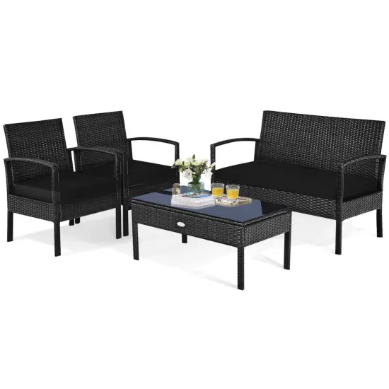 4 Pieces Patio Rattan Cushioned Furniture Set-Black {1}